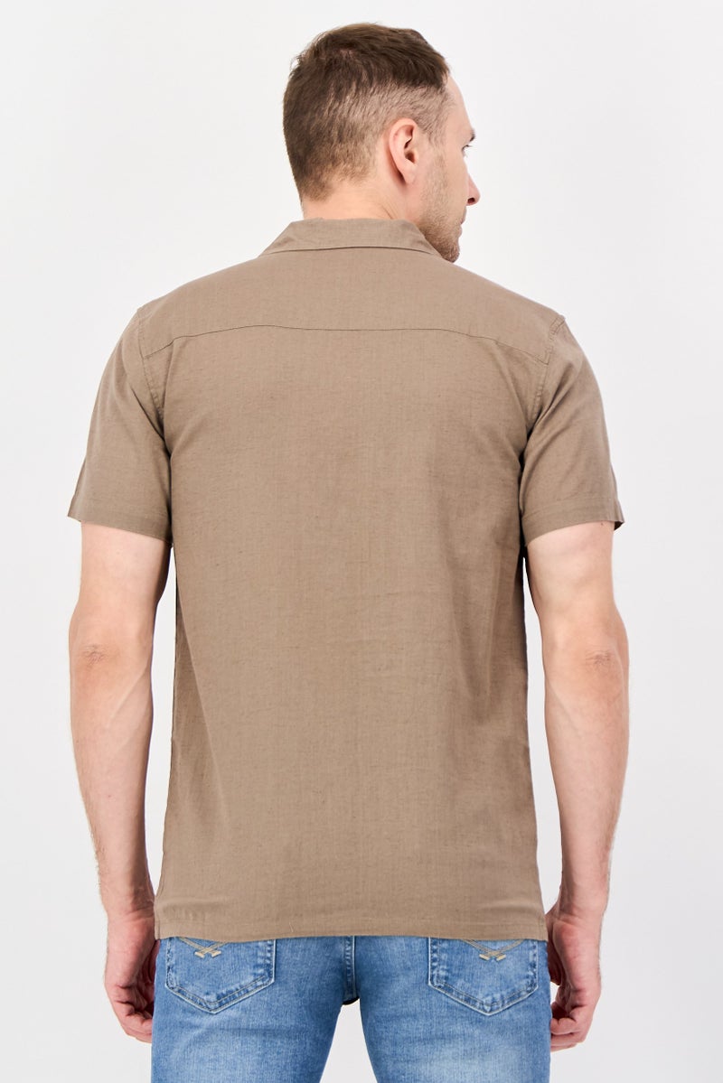 Threadbare Men Regular Fit Short Sleeve Embroidered Casual Shirt, Taupe - Image 3